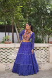 Banjara India Faux Georgette Bandhej Print with Gotta Patti Lace Work  Long Flair Lehenga Set - Blue