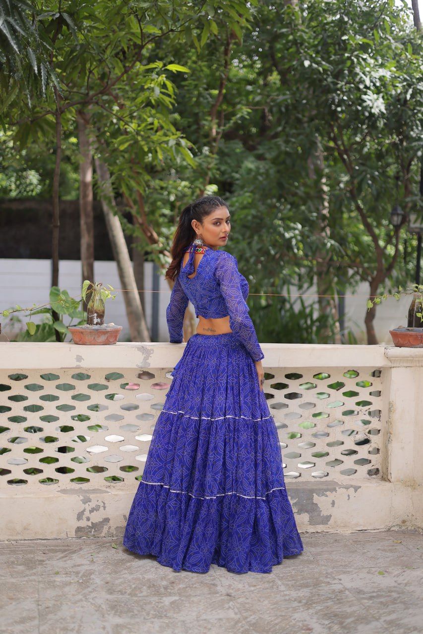 Banjara India Faux Georgette Bandhej Print with Gotta Patti Lace Work  Long Flair Lehenga Set - Blue