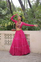 Banjara India Faux Georgette Bandhej Print with Gotta Patti Lace Work  Long Flair Lehenga Set - Pink