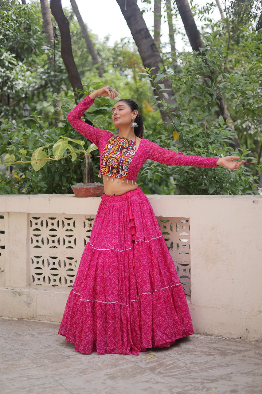 Banjara India Faux Georgette Bandhej Print with Gotta Patti Lace Work  Long Flair Lehenga Set - Pink