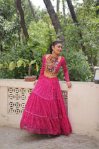 Banjara India Faux Georgette Bandhej Print with Gotta Patti Lace Work  Long Flair Lehenga Set - Pink
