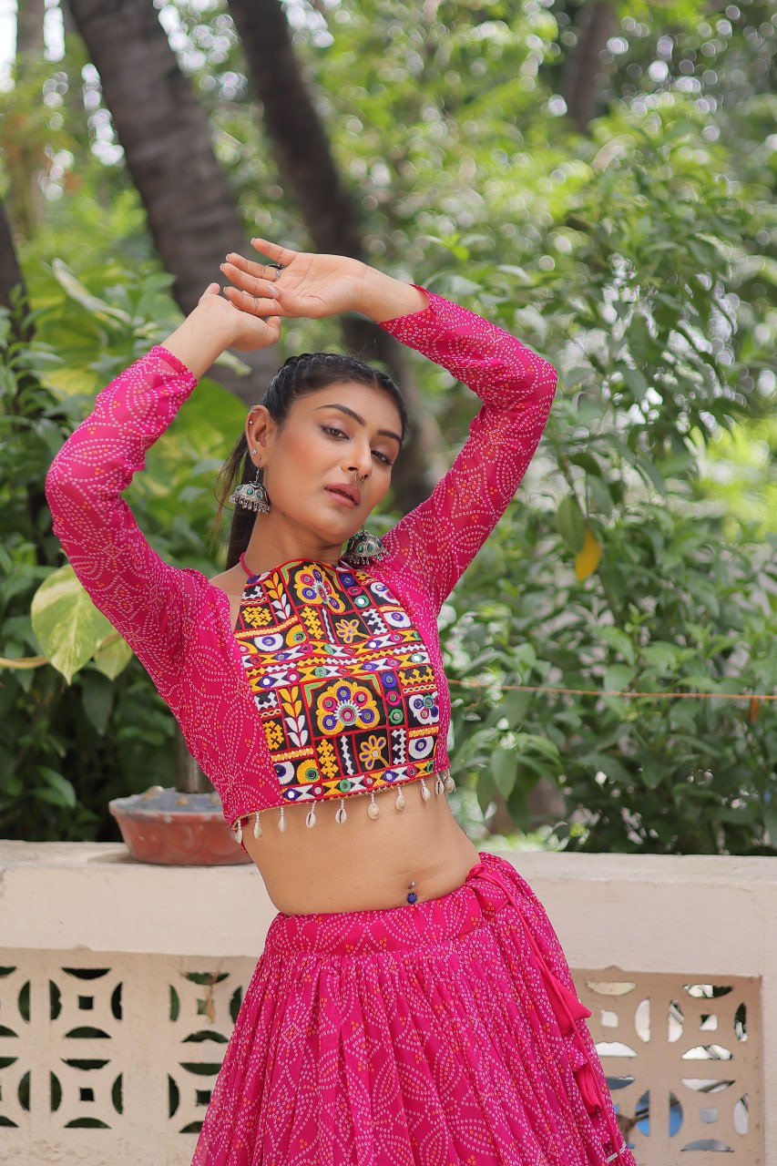 Banjara India Faux Georgette Bandhej Print with Gotta Patti Lace Work  Long Flair Lehenga Set - Pink