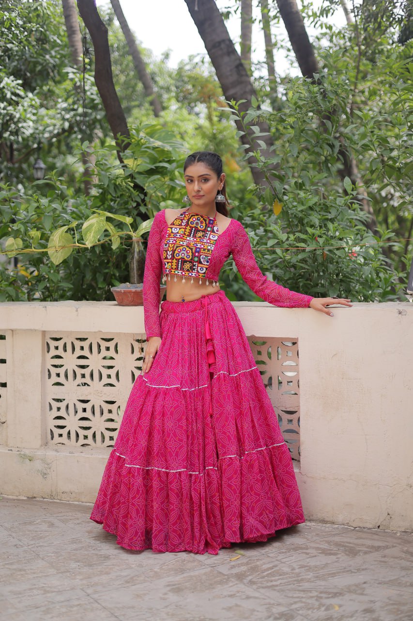 Banjara India Faux Georgette Bandhej Print with Gotta Patti Lace Work  Long Flair Lehenga Set - Pink