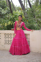 Banjara India Faux Georgette Bandhej Print with Gotta Patti Lace Work  Long Flair Lehenga Set - Pink