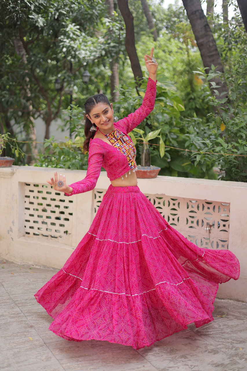 Banjara India Faux Georgette Bandhej Print with Gotta Patti Lace Work  Long Flair Lehenga Set - Pink