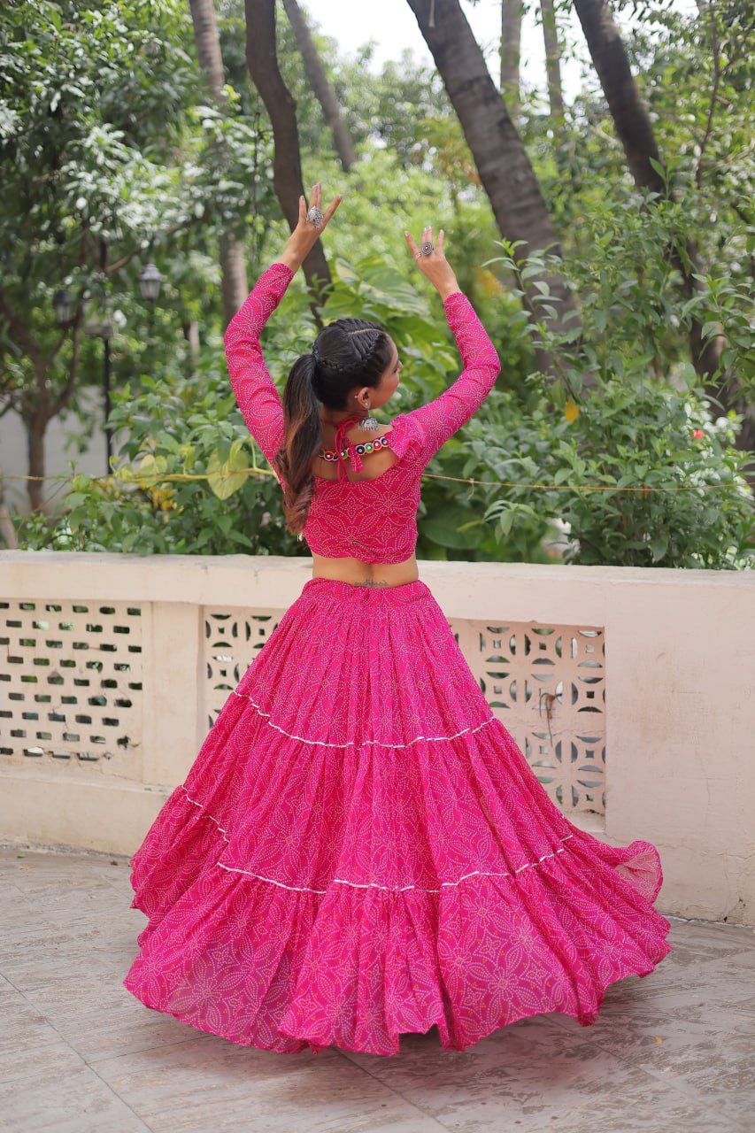 Banjara India Faux Georgette Bandhej Print with Gotta Patti Lace Work  Long Flair Lehenga Set - Pink