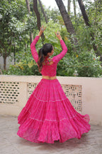 Banjara India Faux Georgette Bandhej Print with Gotta Patti Lace Work  Long Flair Lehenga Set - Pink