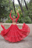 Banjara India Faux Georgette Bandhej Print with Gotta Patti Lace Work  Long Flair Lehenga Set - Red