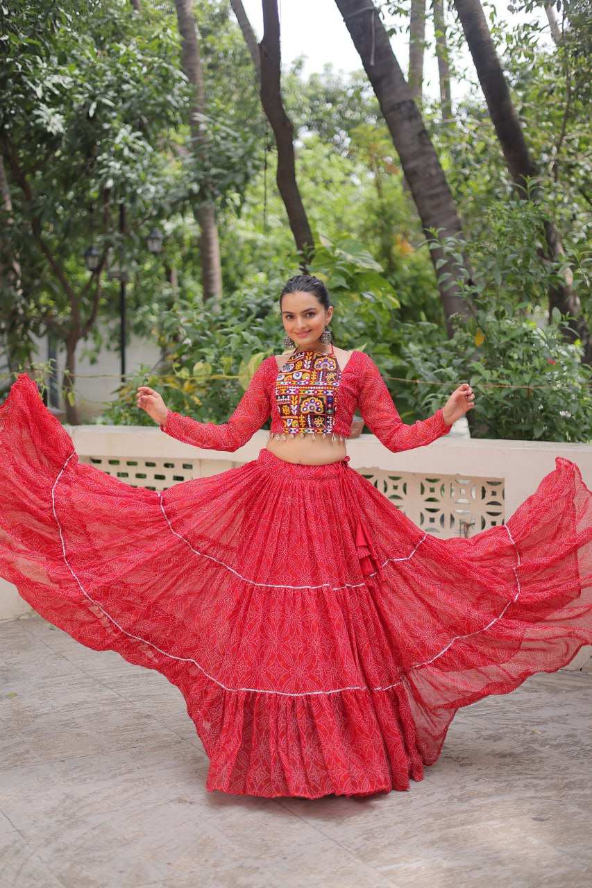 Banjara India Faux Georgette Bandhej Print with Gotta Patti Lace Work  Long Flair Lehenga Set - Red