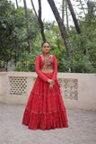 Banjara India Faux Georgette Bandhej Print with Gotta Patti Lace Work  Long Flair Lehenga Set - Red