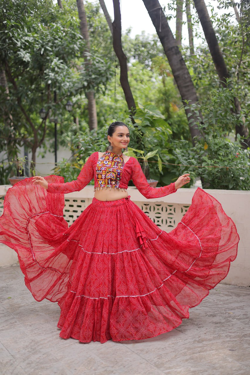 Banjara India Faux Georgette Bandhej Print with Gotta Patti Lace Work  Long Flair Lehenga Set - Red