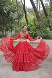 Banjara India Faux Georgette Bandhej Print with Gotta Patti Lace Work  Long Flair Lehenga Set - Red