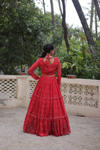 Banjara India Faux Georgette Bandhej Print with Gotta Patti Lace Work  Long Flair Lehenga Set - Red