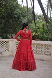 Banjara India Faux Georgette Bandhej Print with Gotta Patti Lace Work  Long Flair Lehenga Set - Red