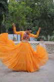 Banjara India Faux Georgette Bandhej Print with Gotta Patti Lace Work  Long Flair Lehenga Set - Mango