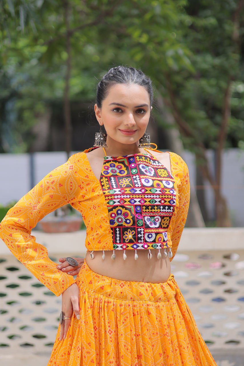 Banjara India Faux Georgette Bandhej Print with Gotta Patti Lace Work  Long Flair Lehenga Set - Mango