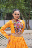 Banjara India Faux Georgette Bandhej Print with Gotta Patti Lace Work  Long Flair Lehenga Set - Mango