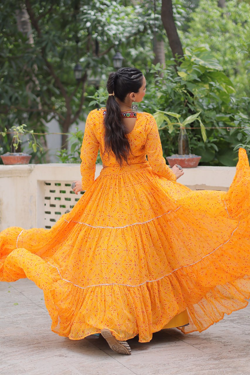 Banjara India Faux Georgette Bandhej Print with Gotta Patti Lace Work  Long Flair Lehenga Set - Mango