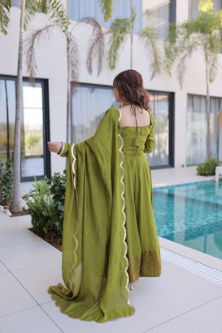 Premium Mul Chanderi Kurti Pant Dupatta Set for Women-Green