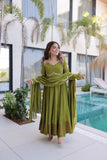 Premium Mul Chanderi Kurti Pant Dupatta Set for Women-Green