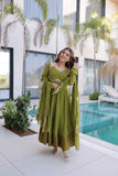 Premium Mul Chanderi Kurti Pant Dupatta Set for Women-Green