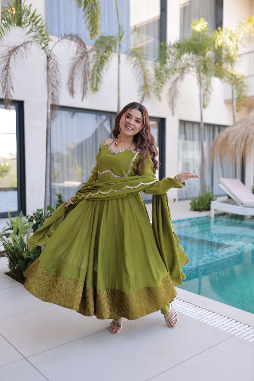 Premium Mul Chanderi Kurti Pant Dupatta Set for Women-Green