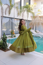 Premium Mul Chanderi Kurti Pant Dupatta Set for Women-Green