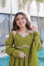 Premium Mul Chanderi Kurti Pant Dupatta Set for Women-Green