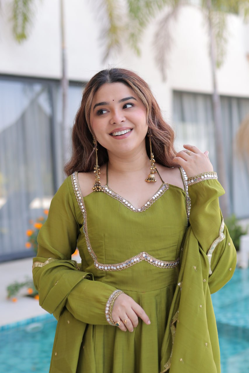 Premium Mul Chanderi Kurti Pant Dupatta Set for Women-Green
