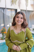 Premium Mul Chanderi Kurti Pant Dupatta Set for Women-Green