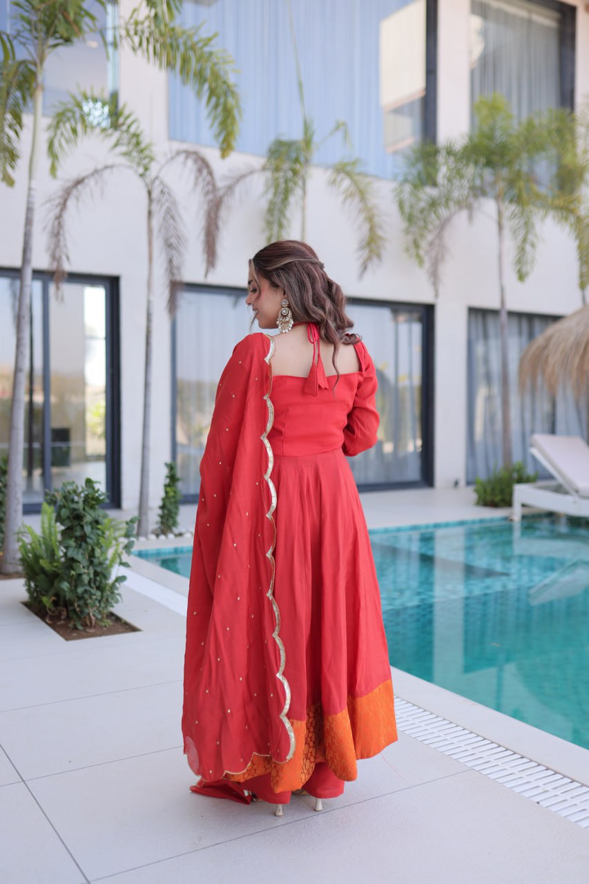 Banjara India Premium Mul Chanderi Kurti Pant Dupatta Set for Women-Red