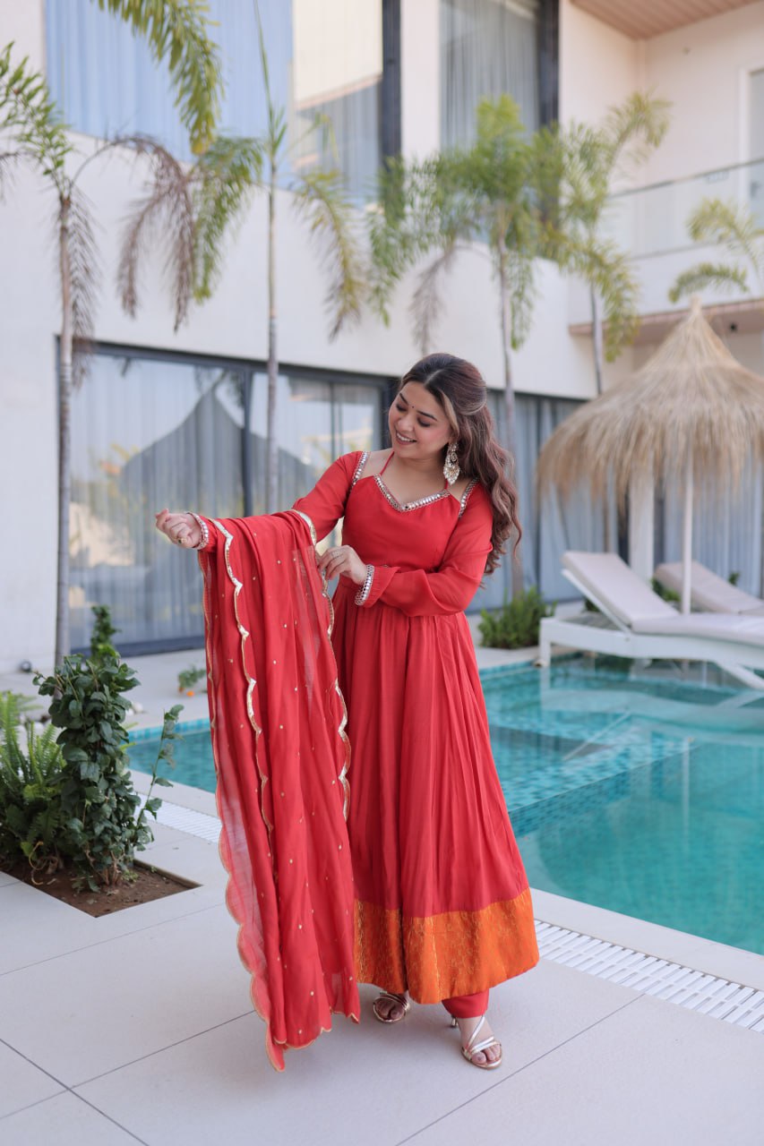 Banjara India Premium Mul Chanderi Kurti Pant Dupatta Set for Women-Red