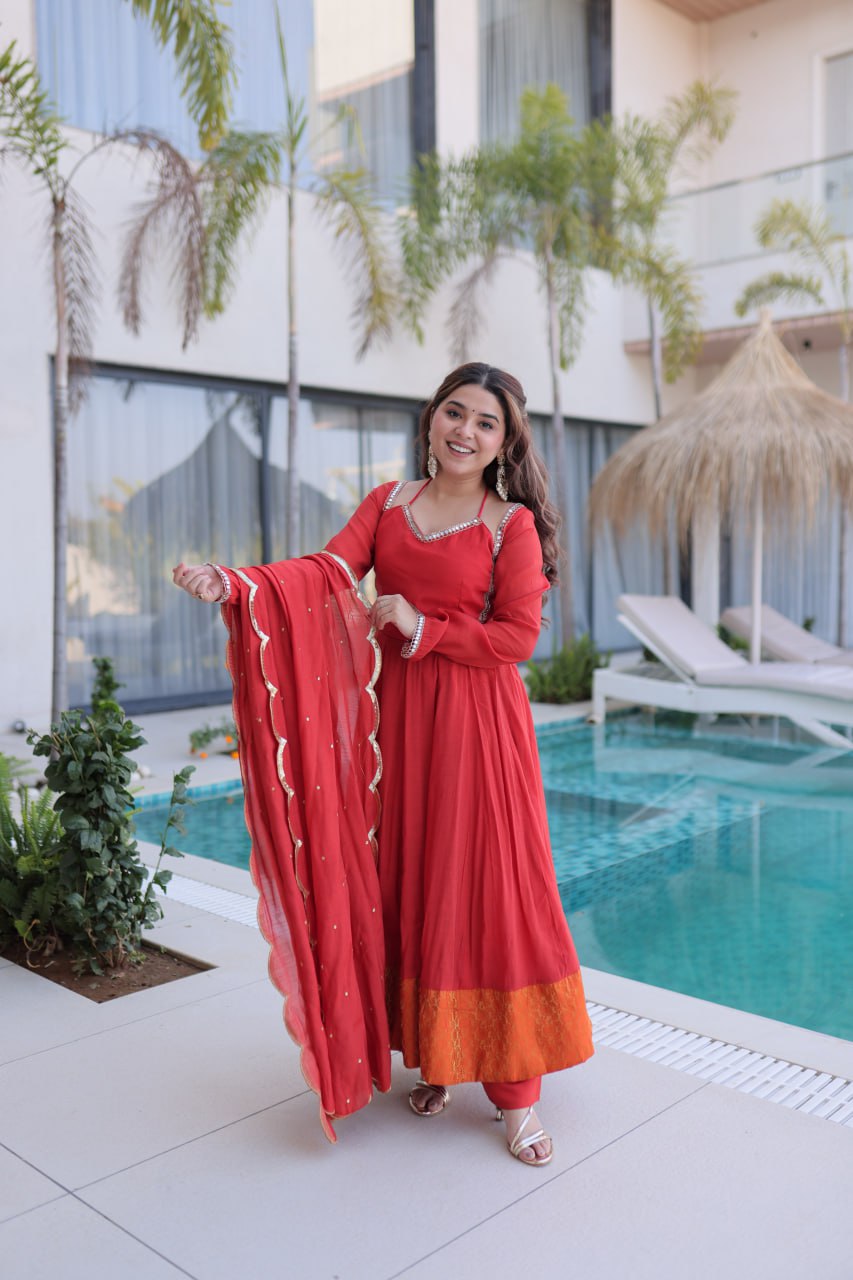 Banjara India Premium Mul Chanderi Kurti Pant Dupatta Set for Women-Red