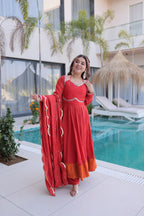 Banjara India Premium Mul Chanderi Kurti Pant Dupatta Set for Women-Red