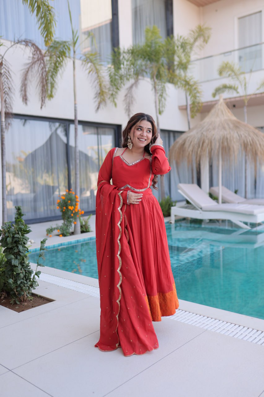 Banjara India Premium Mul Chanderi Kurti Pant Dupatta Set for Women-Red