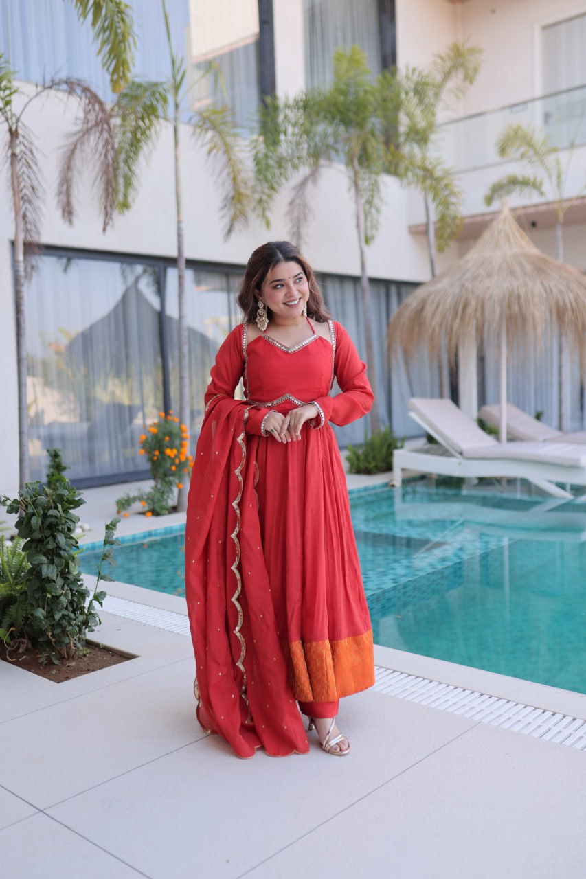Banjara India Premium Mul Chanderi Kurti Pant Dupatta Set for Women-Red
