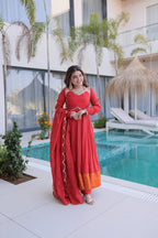 Banjara India Premium Mul Chanderi Kurti Pant Dupatta Set for Women-Red
