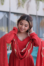 Banjara India Premium Mul Chanderi Kurti Pant Dupatta Set for Women-Red
