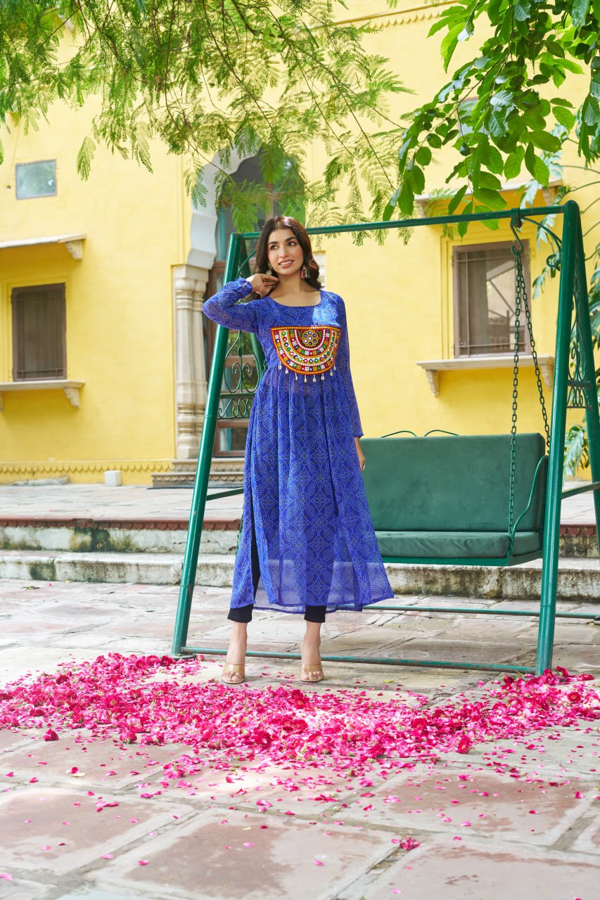 Banjara India Bandhej Printed with kutchi Patch-work Faux Georgette Kurti- Blue