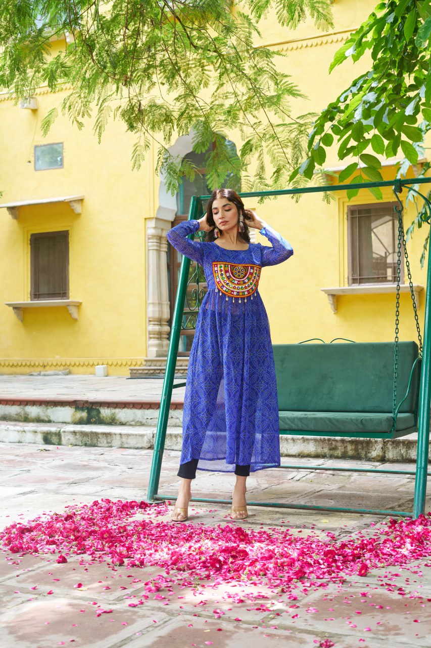 Banjara India Bandhej Printed with kutchi Patch-work Faux Georgette Kurti- Blue