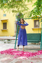 Banjara India Bandhej Printed with kutchi Patch-work Faux Georgette Kurti- Blue