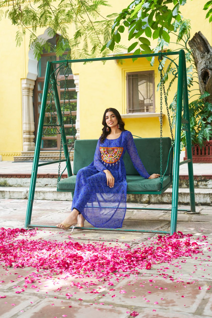 Banjara India Bandhej Printed with kutchi Patch-work Faux Georgette Kurti- Blue