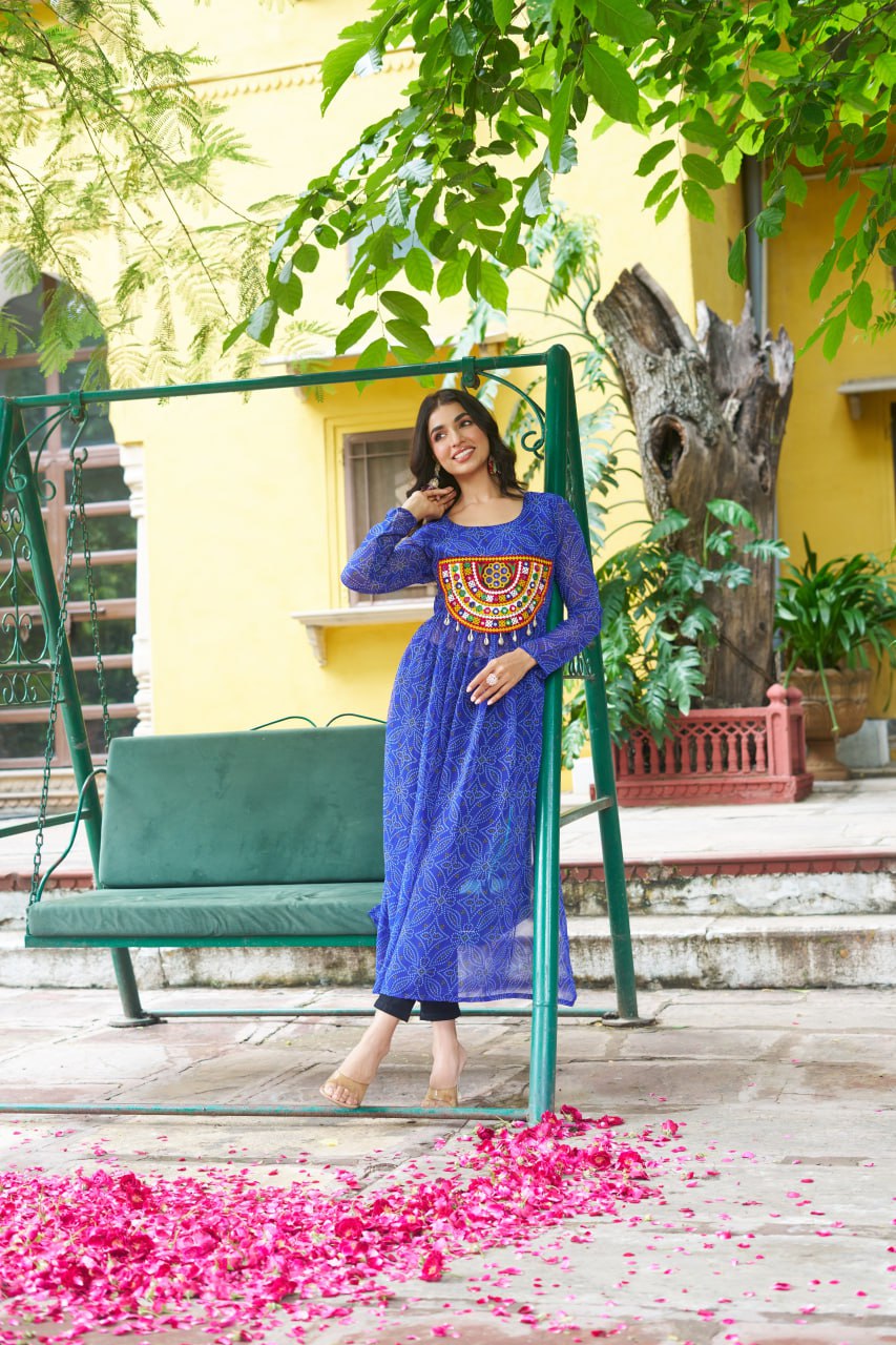 Banjara India Bandhej Printed with kutchi Patch-work Faux Georgette Kurti- Blue
