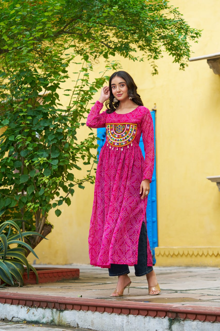 Banjara India Bandhej Printed with kutchi Patch-work Faux Georgette Kurti- Pink