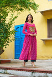 Banjara India Bandhej Printed with kutchi Patch-work Faux Georgette Kurti- Pink