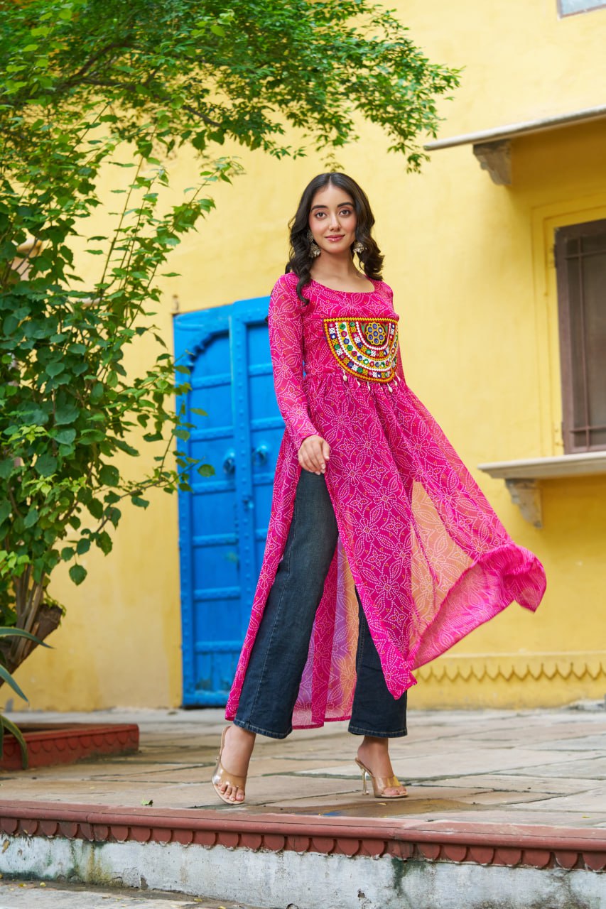 Banjara India Bandhej Printed with kutchi Patch-work Faux Georgette Kurti- Pink