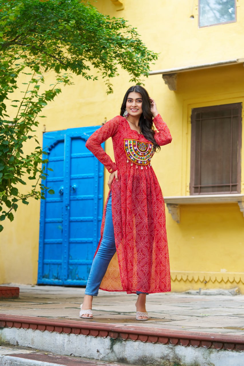 Banjara India Bandhej Printed with kutchi Patch-work Faux Georgette Kurti- Red