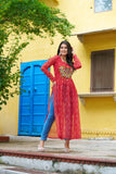 Banjara India Bandhej Printed with kutchi Patch-work Faux Georgette Kurti- Red