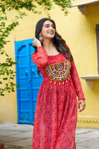 Banjara India Bandhej Printed with kutchi Patch-work Faux Georgette Kurti- Red