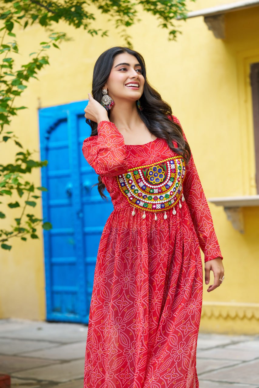 Banjara India Bandhej Printed with kutchi Patch-work Faux Georgette Kurti- Red